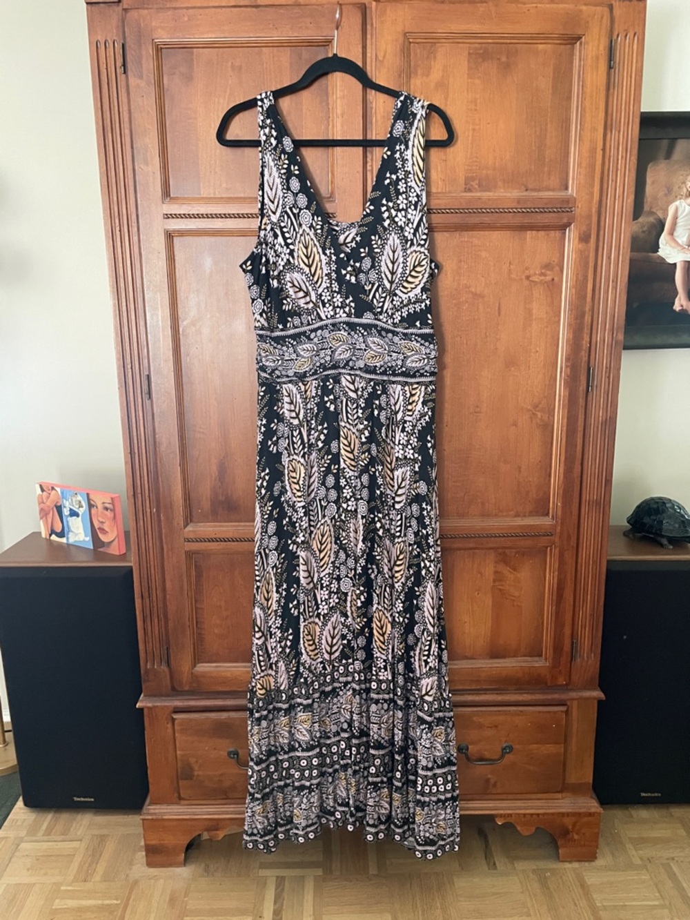 Maeve Anthropologie Black Floral Print Maxi Dress - Sleeveless V-Neck